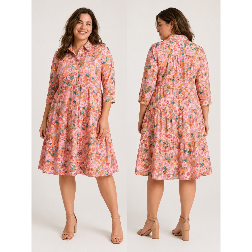 Ulla Popken Tiered Shirt Dress 16/18 Orange Pink Floral Cottage Boho Prairie